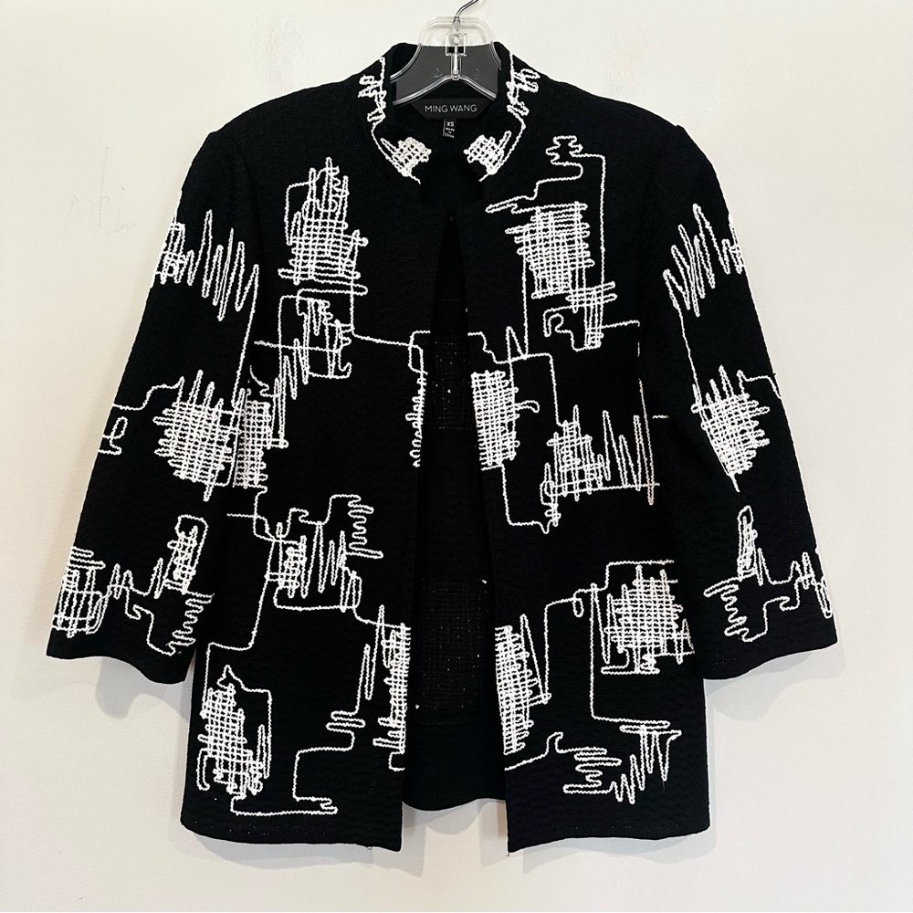 Ming Wang Knit Front Hook Closure Sweater‎ Jacket Women's XS Black White Career